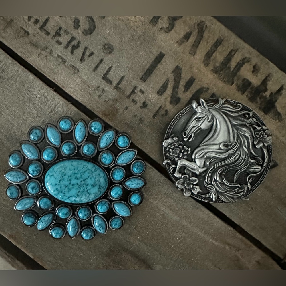 TWO New Western Belt Buckles Cowboy Horse Rodeo Turquoise